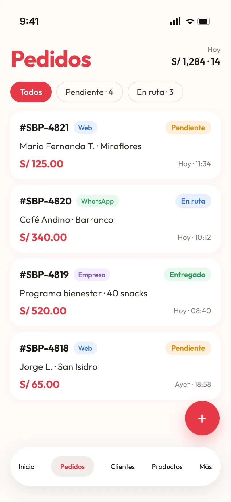 Lista de pedidos en la app de gestión, con datos de ejemplo.
