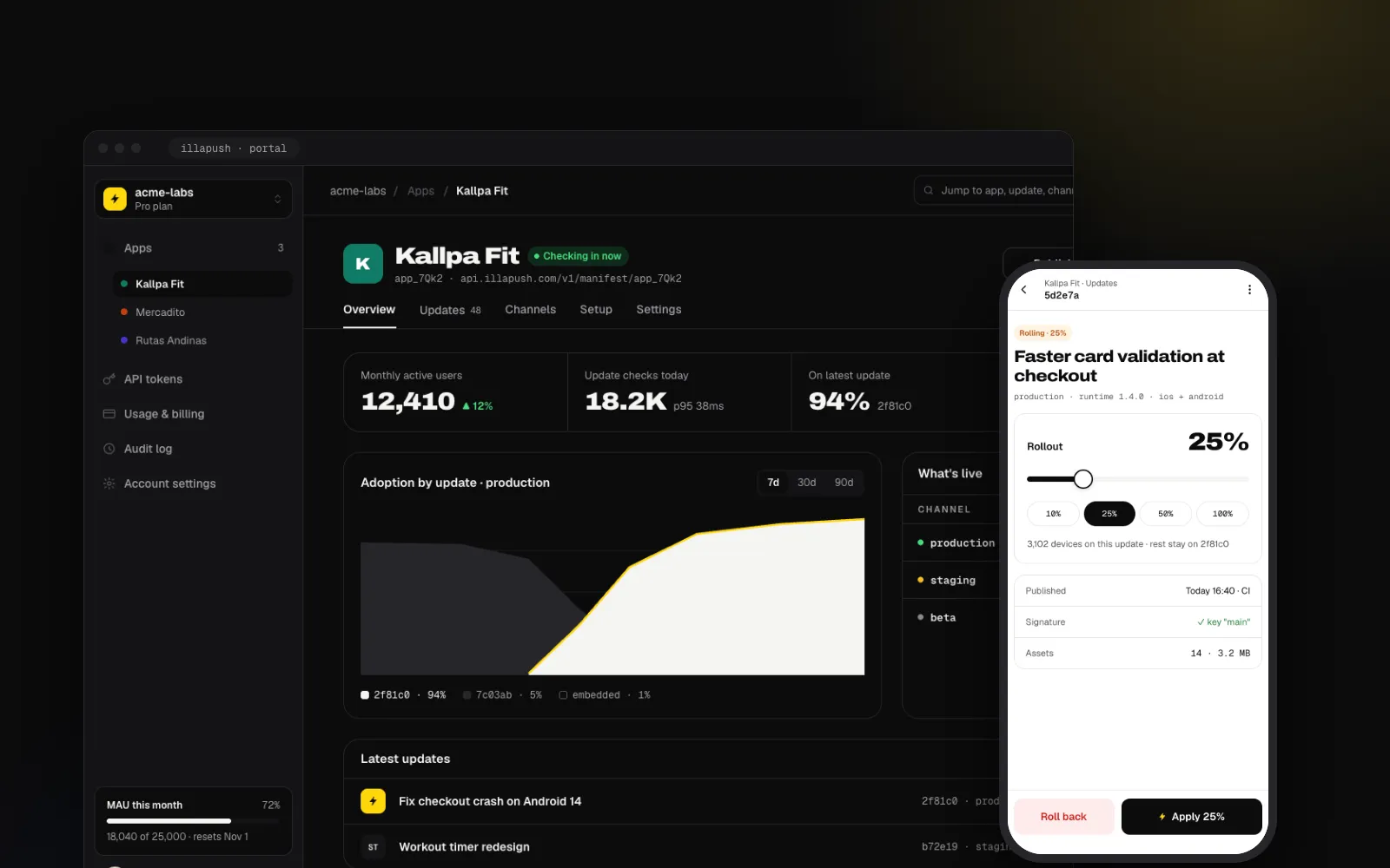 Portal de Illapush con la adopción de una actualización y la vista móvil de un rollout.