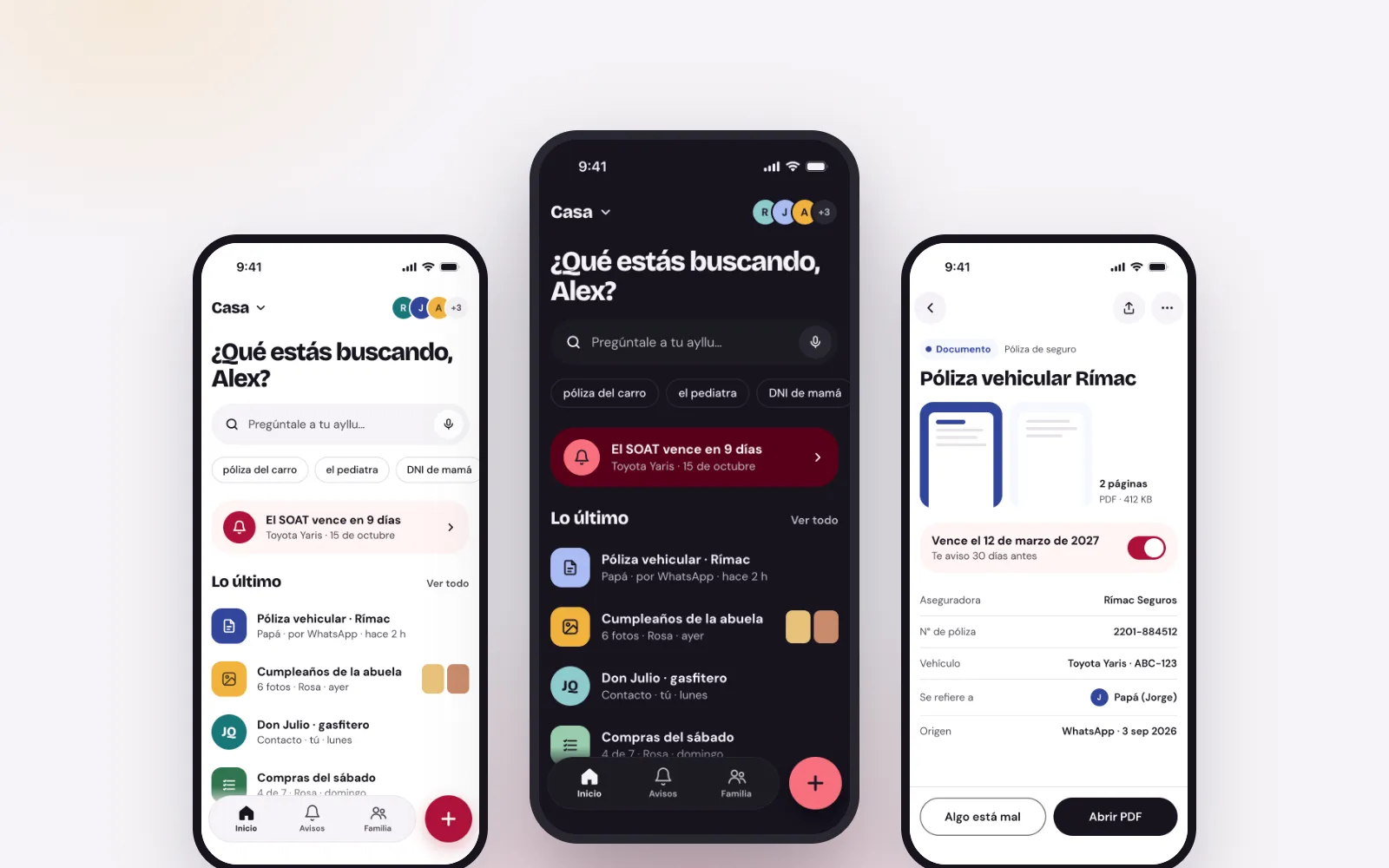 Pantallas de la app Ayllu en modo claro y oscuro con el archivo familiar.