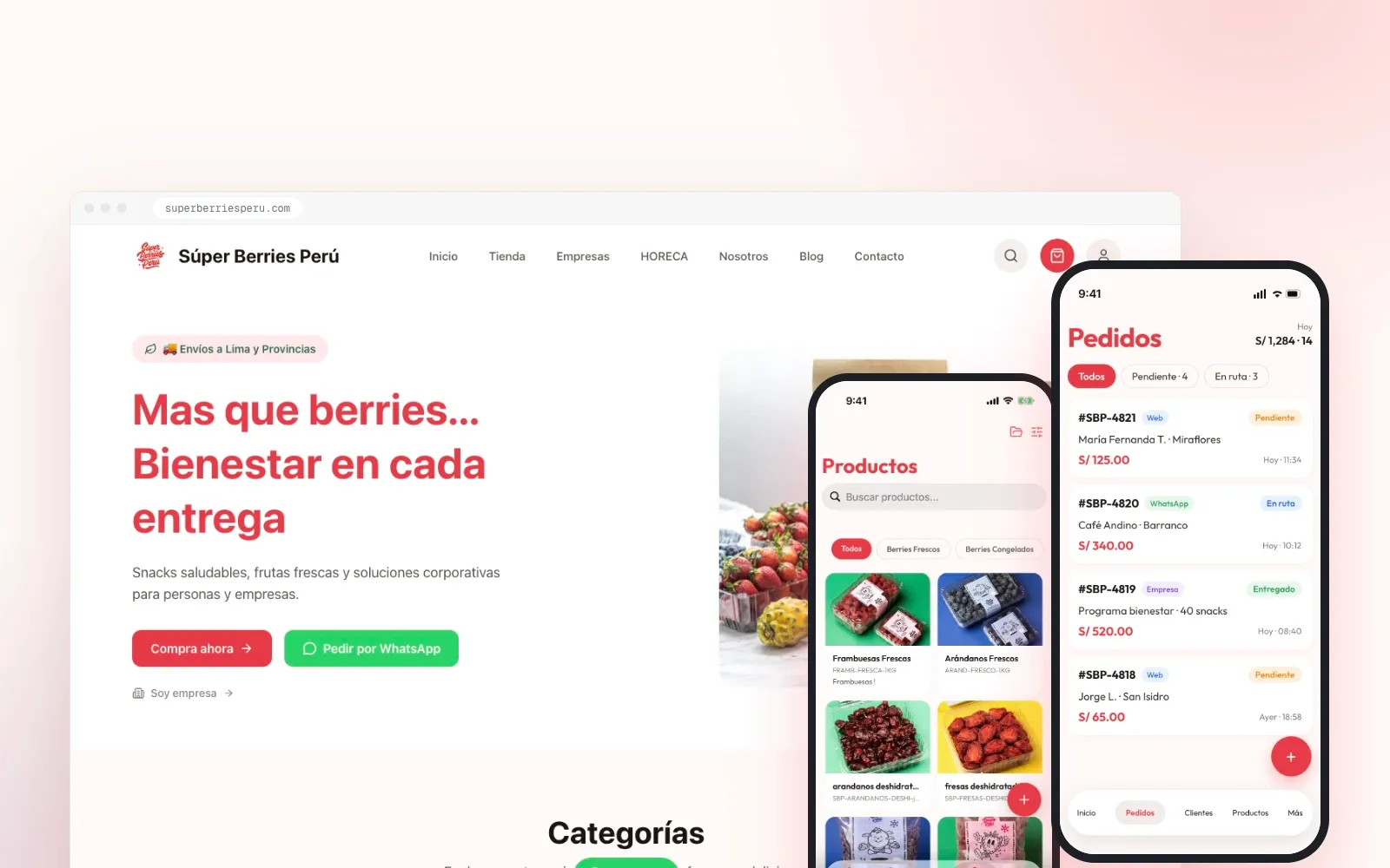Tienda web de Super Berries y la app de gestión de pedidos en el teléfono.