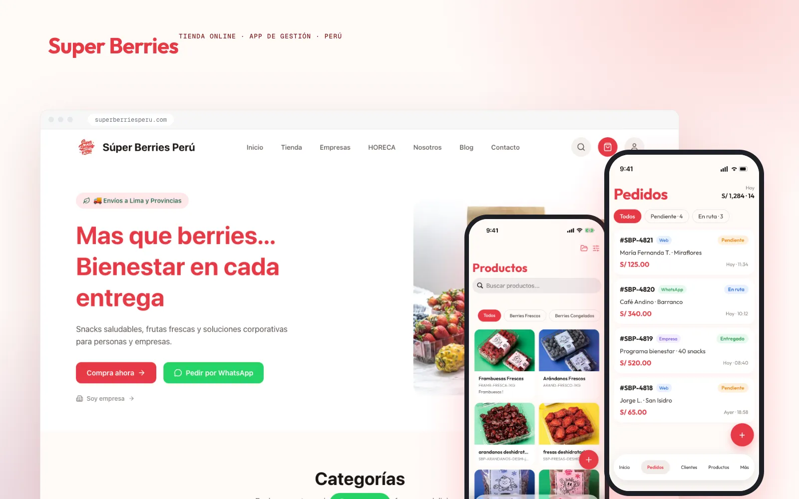 Tienda web de Super Berries y la app de gestión de pedidos en el teléfono.