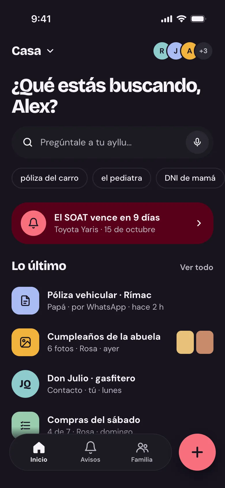 Inicio de Ayllu en modo oscuro.