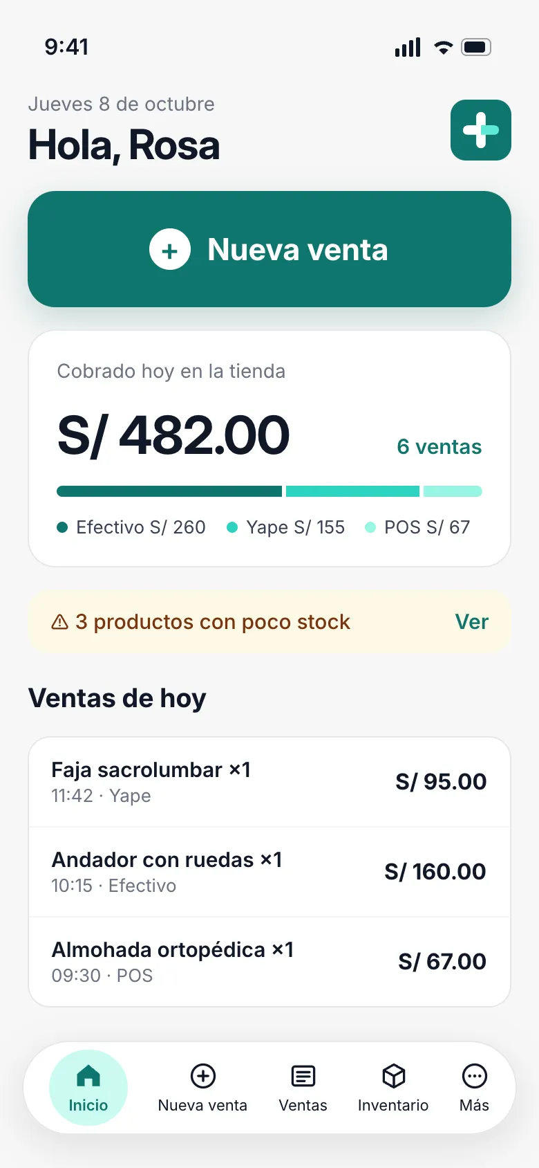 Pantalla de inicio en el teléfono con lo cobrado hoy y las ventas del día.