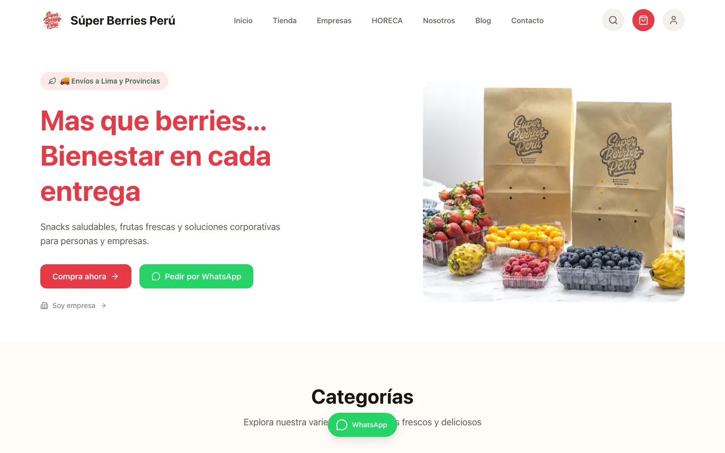 Portada de la tienda web de Super Berries con datos de ejemplo.